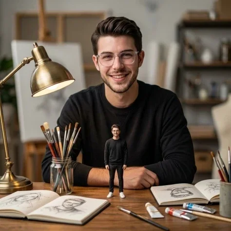 Miniature Self at Desk — Nano Banana 2 AI Prompt: Ultra-realistic cinematic portrait of a young man sitting at a wooden desk in a...