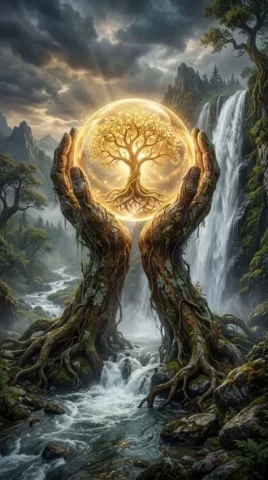 Golden Tree of Life — Nano Banana 2 AI Prompt: A majestic, ancient gnarled tree with thick, twisting roots sits at the center o...