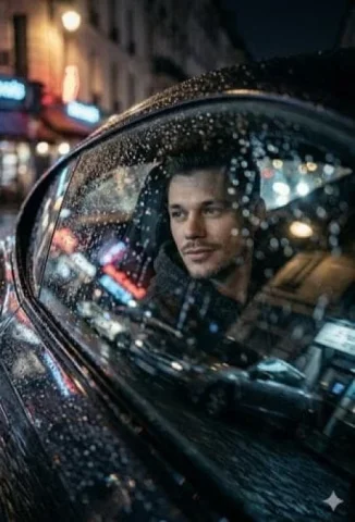 Rainy Car Window Portrait — Nano Banana 2 AI Prompt: A low-angle, cinematic close-up shot looking through a rain-slicked car window....