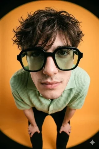 Fisheye Orange Gen Z Summer Menswear — Nano Banana 2 AI Prompt: Create a A high-fashion editorial image of a young man, of the person from the u...