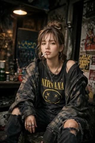 Defiant Grunge Woman in a Gritty City — Nano Banana 2 AI Prompt: A high-detail photograph of a defiant woman posing nonchalantly. She has a messy...
