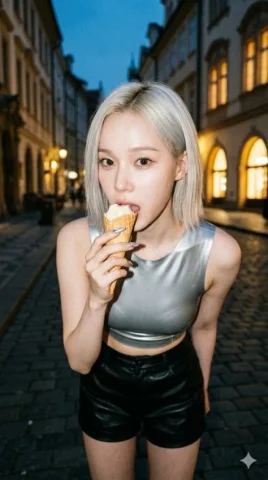 Prague Night Ice Cream Candid Portrait — Nano Banana 2 AI Prompt: { "subject": "Karina from K-pop group aespa, a woman in her early 20s with her...