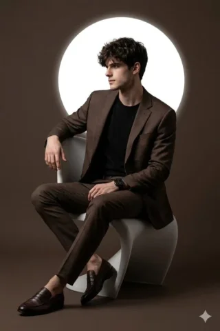 Brown Suit Designer Chair Studio Portrait — Nano Banana 2 AI Prompt: Use The Uploaded Reference Photo As The Model For The Face, Hairstyle, And Beard...
