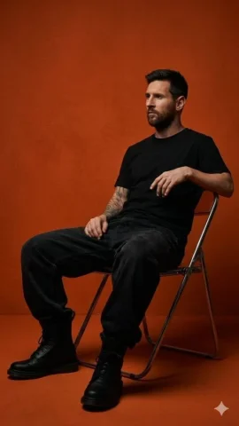 Dark Orange Studio Folding-Chair Menswear Portrait — Nano Banana 2 AI Prompt: Use model (the person in the image) you create a dark orange studio photo featur...