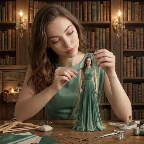 Miniature Self in a Vintage Library — Nano Banana 2 AI Prompt: A hyper-realistic cinematic scene of a young woman sitting at a wooden desk in a...
