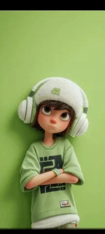 Pastel Green 3D Boy with Fuzzy Beanie — Nano Banana 2 AI Prompt: A stylized 3D cartoon character of a young boy with big expressive eyes and a sl...