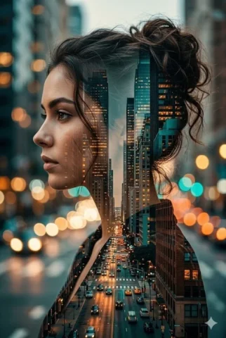 Hollywood Actress City Double Exposure — Nano Banana 2 AI Prompt: A cinematic double exposure portrait of a young woman hollywood actress in profi...