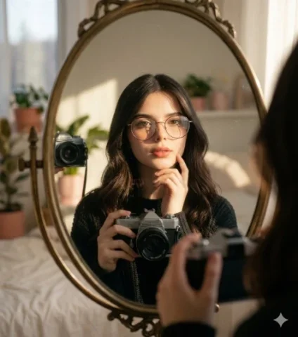 Mirror Self-Portrait with Vintage Camera — Nano Banana 2 AI Prompt: Maintain the same face and person (use attached photo for accurate face) A self-...
