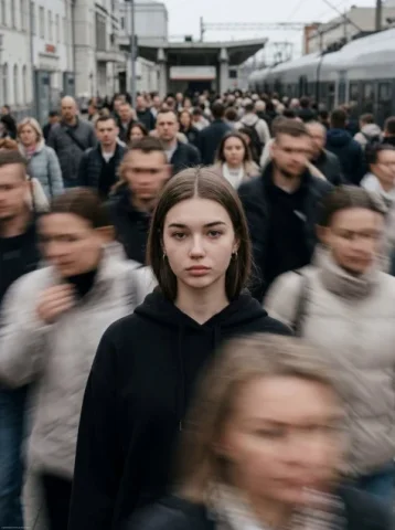 Stillness Amid Commuter Motion Blur — Nano Banana 2 AI Prompt: Cinematic motion-blur photography shot on a Leica SL3 with a 50mm Summilux at f/...