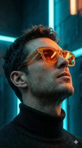 Neon Low-Angle Male Profile Portrait — Nano Banana 2 AI Prompt: A man, likely in his early thirties with facial proportions, structure, and over...