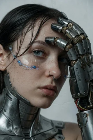Cybernetic Prosthetic Hand Extreme Close-Up — Nano Banana 2 AI Prompt: A hyper-realistic, cinematic extreme close-up portrait of a young woman with fai...