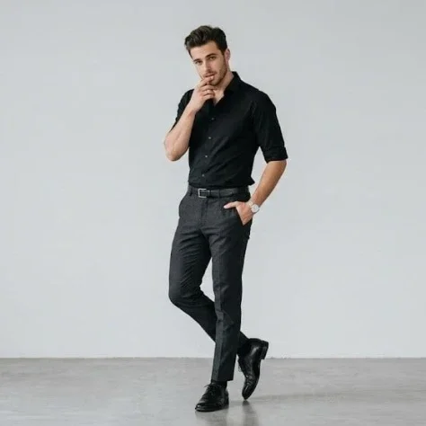 Minimal Studio Full-Body Men's Fashion — Nano Banana 2 AI Prompt: Full-body portrait of a stylish young man standing against a plain light gray ba...