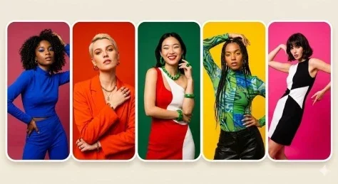 Five-Panel Color Fashion Portrait Collage — Nano Banana 2 AI Prompt: 5 panel colorful portrait collage, fashion models, monochrome backgrounds (pink,...