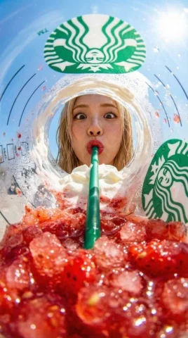 Inside a Strawberry Frappuccino Cup — Nano Banana 2 AI Prompt: { "prompt": "View from inside a Starbucks strawberry frappuccino cup looking up...