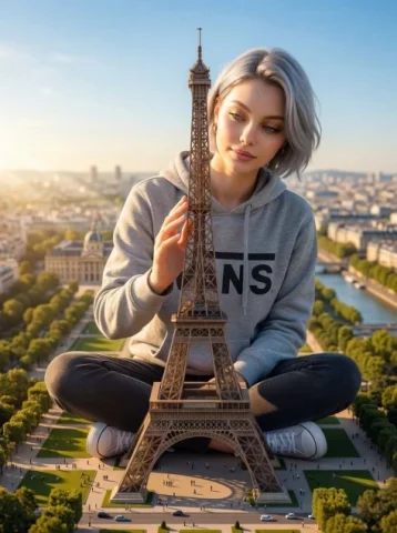 Titan Woman Touching the Eiffel Tower — Nano Banana 2 AI Prompt: A titanic 600-meter tall woman sitting cross-legged on Champ de Mars in Paris. S...
