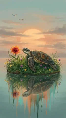 Glowing Turtle at Twilight Riverbank — Nano Banana 2 AI Prompt: A digital fantasy illustration of a small turtle resting on a grassy riverbank a...