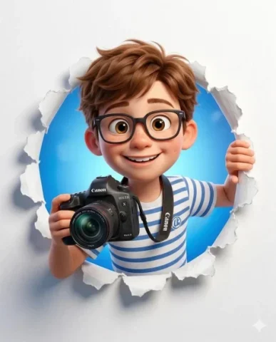 Camera Character Through Torn Paper — Nano Banana 2 AI Prompt: A cute stylized 3D cartoon character (boy/girl) with big expressive eyes, soft s...