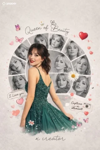 Romantic Queen Collage — Nano Banana 2 AI Prompt: A creative romantic digital photo collage featuring a young handsome woman in a...