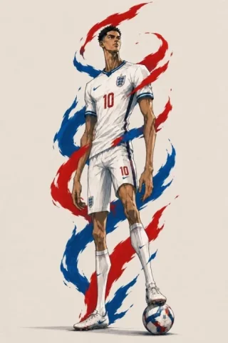 England Number Ten Hero — Nano Banana 2 AI Prompt: Create a full-body heroic character concept illustration of Jude Bellingham as a...