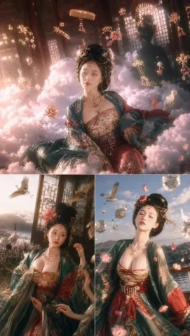 Tang Dynasty Dreamcloud Triptych — Nano Banana 2 AI Prompt: Goal: Create a vertical cinematic Oriental fantasy fashion-photography triptych...