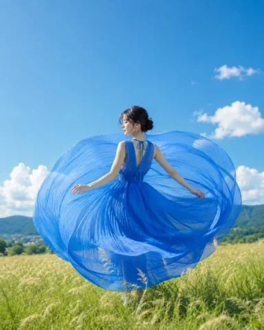Blue Dress in the Summer Sky — Nano Banana 2 AI Prompt: Theme: Blue Unfurling. Create a realistic vertical 4:5 photograph of a natural a...