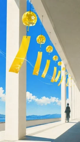 Summer Wind Chime Corridor — Nano Banana 2 AI Prompt: An Eastern Zen minimalist poster in a bright, high-contrast summer style. A pers...