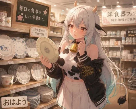 Cow Girl in a Tableware Shop — Nano Banana 2 AI Prompt: Create a polished anime illustration of Muumuu Bell, a cow-themed young woman sh...