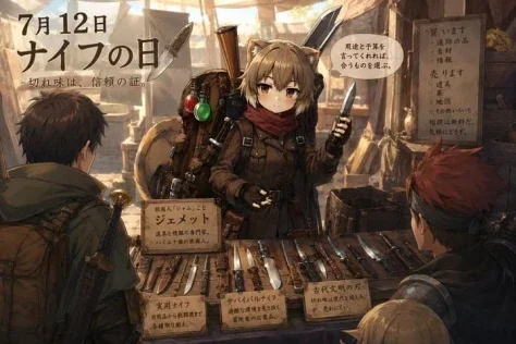 Cat-Eared Knife Merchant Bazaar — Nano Banana 2 AI Prompt: Create a richly detailed 16:9 anime fantasy market illustration for July 12, Kni...