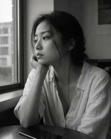 Window-Side Monochrome Reverie — Nano Banana 2 AI Prompt: Medium close-up 85mm candid portrait of a young East Asian woman in her early tw...