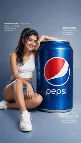 Giant Soda Can Infographic Ad — Nano Banana 2 AI Prompt: A premium infographic-style advertisement featuring an oversized Pepsi can place...