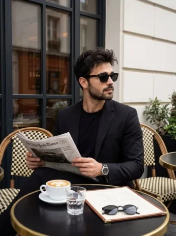 Paris Cafe Editorial — Nano Banana 2 AI Prompt: A high-fidelity medium shot of a stylish, well-groomed man with messy dark hair...
