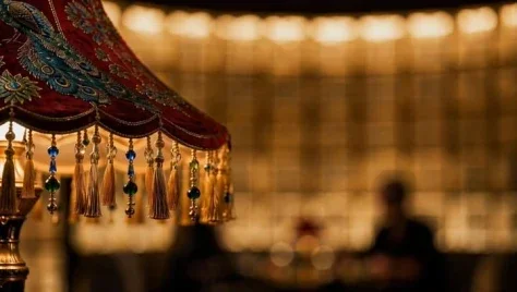 Peacock Lampshade Close-Up — Nano Banana 2 AI Prompt: Create a cinematic close-up photograph of an ornate vintage lampshade in a dim,...
