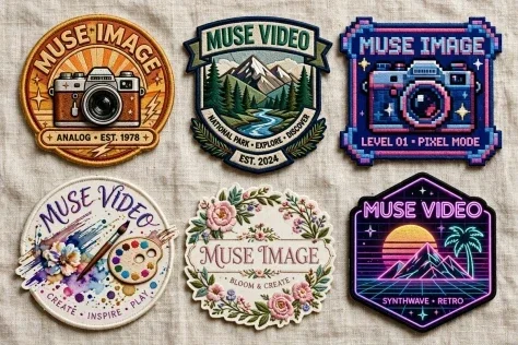 Six Muse Embroidered Patches — Nano Banana 2 AI Prompt: Goal: Create a realistic product-style flat lay of exactly 6 embroidered patches...