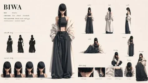 BIWA Character Sheet — Nano Banana 2 AI Prompt: Goal: Create a polished anime fashion character reference sheet for BIWA, a quie...