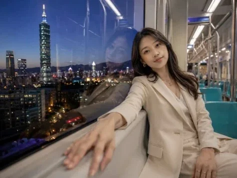 Taipei MRT Night Portrait — Nano Banana 2 AI Prompt: Create a photorealistic cinematic wide-angle portrait inside a Taipei MRT train...