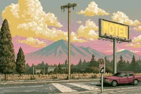 Pixel Roadside Motel — Nano Banana 2 AI Prompt: Create a 3:2 wide pixel-art landscape like a 1990s console JRPG background: a qu...