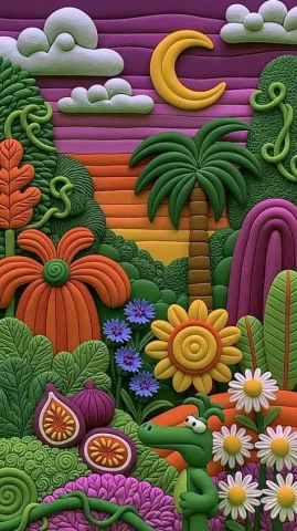 Refined 3D Artwork — Nano Banana 2 AI Prompt: close shot jungle with palm trees, unusual plants, and vines an, figs, cornflowe...