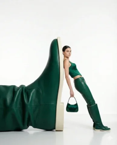 Green Boot Fashion Editorial — Nano Banana 2 AI Prompt: High-fashion editorial photography with a minimalist surrealist concept. A self-...