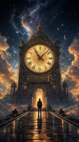 Cosmic Clock Tower Traveler — Nano Banana 2 AI Prompt: Create a vertical cinematic fantasy scene of a lone hooded traveler in dark clot...