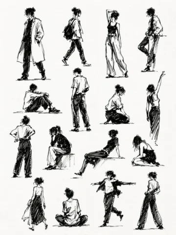 Ink Gesture Sketchbook — Nano Banana 2 AI Prompt: A clean sketchbook page filled with multiple black ink human silhouette gesture...