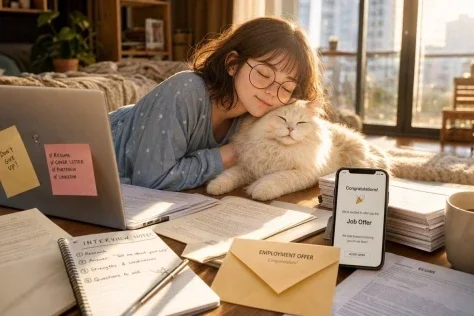 Golden Hour Job Offer — Nano Banana 2 AI Prompt: Create a warm, photorealistic lifestyle scene in a cozy apartment bedroom during...