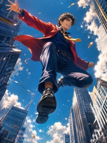 Anime Hero Over City — Nano Banana 2 AI Prompt: Create a dynamic anime-style vertical illustration of a charismatic young man le...