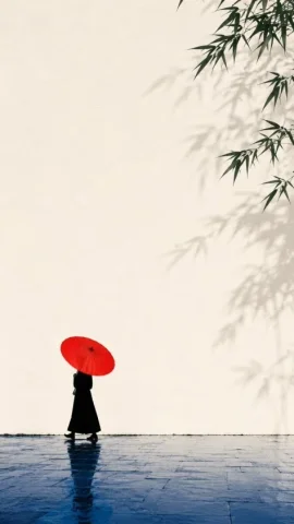 Zen Red Umbrella Poster — Nano Banana 2 AI Prompt: Theme direction: Oriental Zen minimalist poster Style branch: high-contrast brig...