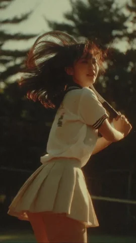 90s Japanese Film Tennis Match — Nano Banana 2 AI Prompt: Cinematic middle shot of a Japanese teenage girl in tennis uniform, captured can...