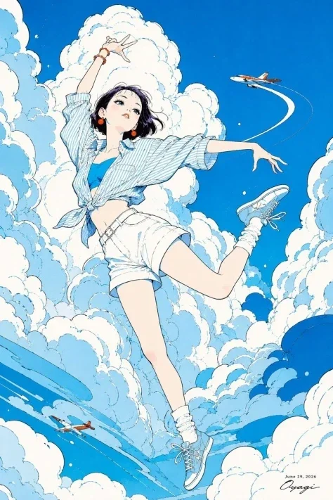 Anime Girl Floating in Summer Clouds