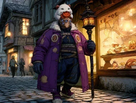 Masked Winter Lamplighter — Nano Banana 2 AI Prompt: Create a cinematic fantasy street illustration in a richly detailed hand-painted...