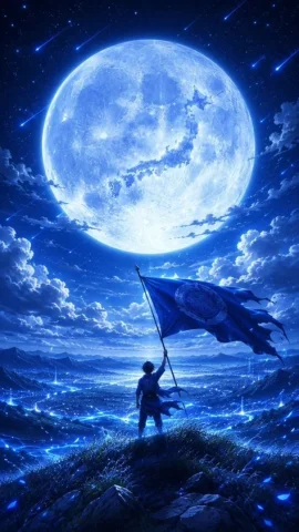 Samurai Blue Moon Over Japan — Nano Banana 2 AI Prompt: Create a vertical cinematic anime fantasy illustration in intense sapphire-blue...