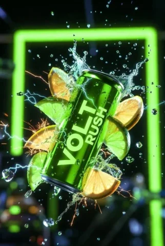 Neon Energy Drink Product Shot — Nano Banana 2 AI Prompt: Ultra-cinematic product photography of a neon-green energy drink can labeled "VO...