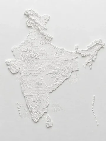 Relief Map of India — Nano Banana 2 AI Prompt: Create a high-detail monochrome white bas-relief paper sculpture map of India on...