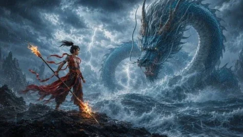 Storm Dragon Warrior Showdown — Nano Banana 2 AI Prompt: Create a cinematic fantasy game key art scene in an ancient Chinese mythological...